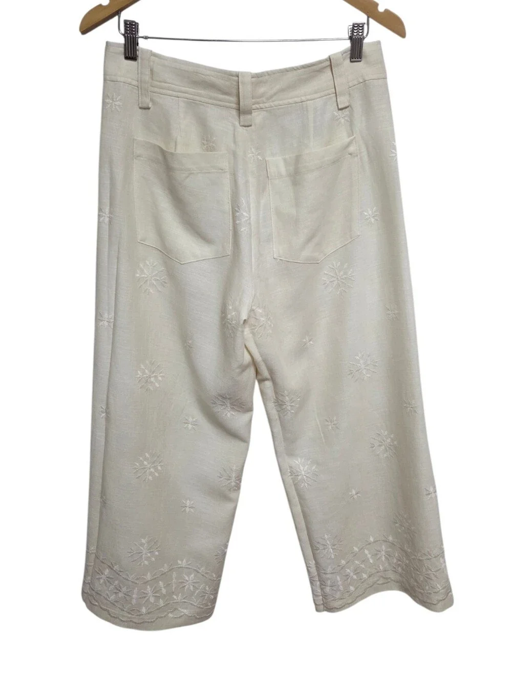 ZARA Embroidered Linen Blend Crop Pants Cream Medium
